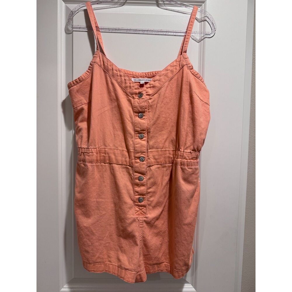 Celebrity Pink L Desert Flower Peach Denim Cami Romper Button Front